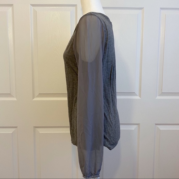 BCBG Paris Gray V Neck Sheer Sleeve Blouse Top - Picture 2 of 7